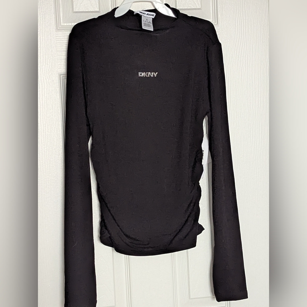 NWT DKNY Women's (Small) Black High-Neck Long-Sleeve Top w/Ruching on Both Sides